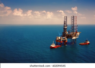 Offshore Oil Rig Platform In The Gulf From Aerial View,vintage Film Effect.