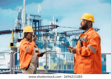 Offshore platform colleagues supervising deck operations with tablets, ensuring compliance with safety protocols. Team of technicians working together doing preventative maintenance on drilling rig