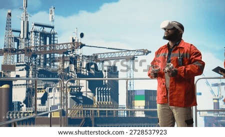 Offshore platform expert supervising deck operations using virtual reality technology. Man working for gas company doing preventative maintenance on drilling rig using VR goggles,