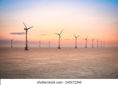 offshore wind farm at dusk in the east China sea.