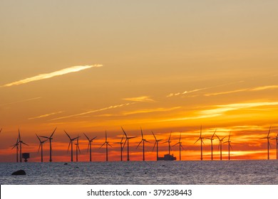 Offshore Wind Park In Oresund Between Denmark And Sweden In Sunset