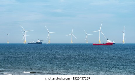 Offshore Wind Turbine Farm On Scotland Coast Of Aberdeen