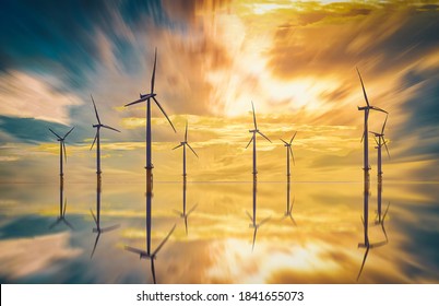 Offshore Wind Turbine In A Wind Farm At Sunset In Redcar, Yorkshire, UK