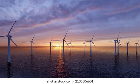 Offshore Wind Turbines Farm at sunset.