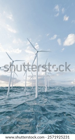 Offshore wind turbines generating renewable energy in ocean. 3d render