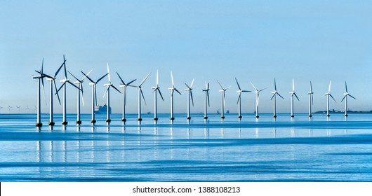 Offshore wind turbines on the coast of Copenhagen in Denmark