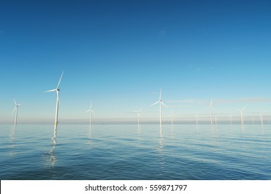 Offshore Windmill farm Westermeerwind windmills at sea Flevoland Noordoostpolder January 2017