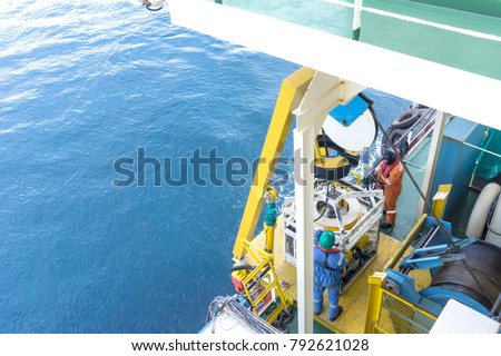 Offshore worker with his buddy standing on Remote Operated Vehicle (ROV) platform waiting their Pilot giving instructions to deploy ROV to the sea.