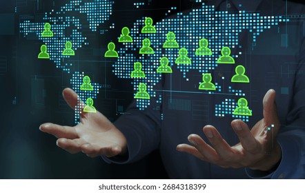 Offshoring and global remote work. Cross-border collaboration system for skilled talent. Businessperson holding world map and people icons.