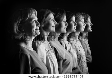 offsprings of women. Family generation change concept. Sisterhood feminine experience of feminism. Grandmother sister daughter siblings mother. Women of different ages in profile. A look into future