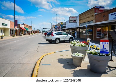 Ogallala, Nebraska / USA - August 21, 2013: The Lincoln Highway, the United State's first transcontinental highway, runs through a typical American main street in Ogallala, NE.