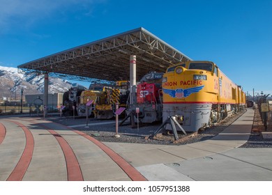 OGDEN, UTAH, USA - 15 FEBRUARY 2018 : Locomotives Of The Union Pacific Railroad At The Utah State Railroad Museum