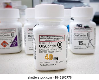 Ogden Utah USA: October 27,2020- OxyContin Bottles On Counter. Purdue Pharma Manufacturer Has Been In A Legal Battle On Their Influence In The Opioid Epidemic.