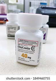 Ogden Utah USA: October 27,2020- OxyContin Bottle On Counter. Purdue Pharma Manufacturer Has Been In A Legal Battle On Their Influence In The Opioid Epidemic.