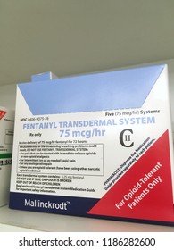 Ogden Utah USA-September 20,2018: Fentanyl Box On Shelf Which Is Currently A Topic In The Media Because Of Opioid Abuse And Deaths Caused By Opioids.