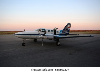 OGDENSBURG, NY, USA - MAY. 6, 2014: Nantucket Airlines Cessna 402C At Sunset At Ogdensburg International Airport, Upstate New York, USA.