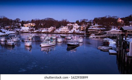 Ogunquit, Maine / United States - December 18th 2019: Winter sunrise in Perkins Cove Ogunquit, Maine.