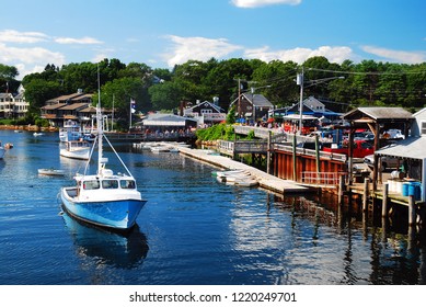 Ogunquit, ME, USA August 12 Boats are moored in the calm waters of Perkins Cove in Ogunquit, Maine