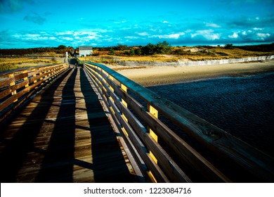 The Ogunquit wooden Footbridge leads to the Ogunquit River beach,