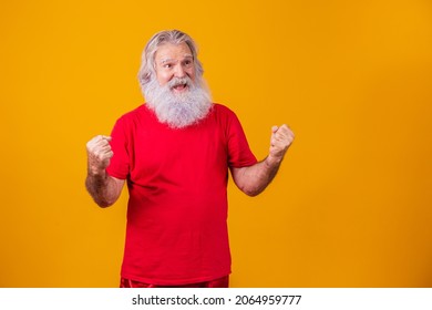 Oh Yeah! Elderly Man With Long Beard Celebrating Victory.