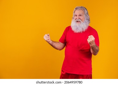 Oh Yeah! Elderly Man With Long Beard Celebrating Victory.