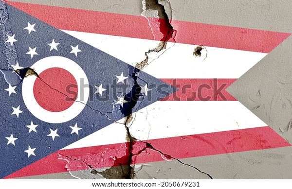 Ohio state flag icon\
grunge pattern painted on old weathered broken wall background,\
abstract US State Ohio politics economy society history issues\
concept texture wallpaper