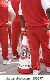Ohio State University Buckeyes cheerleader with megaphone