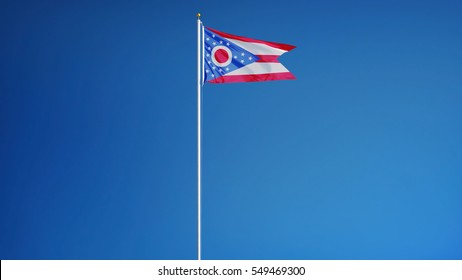 Ohio (U.S. state) flag waving against clear blue sky, long shot, isolated with clipping path mask alpha channel transparency, perfect for film, news, composition