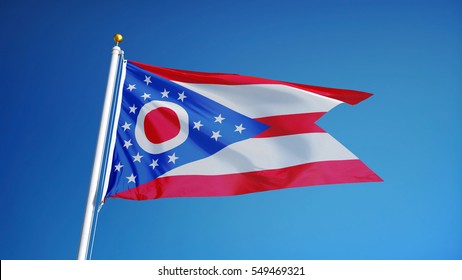 Ohio (U.S. state) flag waving against clear blue sky, close up, isolated with clipping path mask alpha channel transparency, perfect for film, news, composition