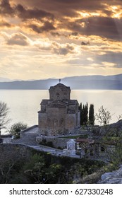 Ohrid, Macedonia - April 7, 2017: Cliff-top church of Saint Joan at Kaneo or St. Jovan Kaneo over Ohrid Lake, Macedonia.