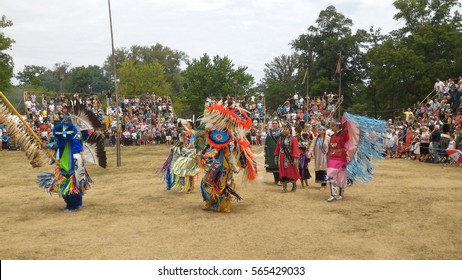 Ohsweken, Ontario, Canada - July 24, 2016 : Six Nations Of The Grand River Pow Wow.  Turtle Island. Powwow Gate Opening. The Grand Entry. Dancers Carry With Pride And Dignity.  .