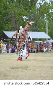 Ohsweken, Ontario, Canada - July 24, 2016 : Six Nations Of The Grand River Pow Wow.  Turtle Island. Grass Dancers, Fancy Feather Dancers Powwow Native American In Their Traditional Regalia.