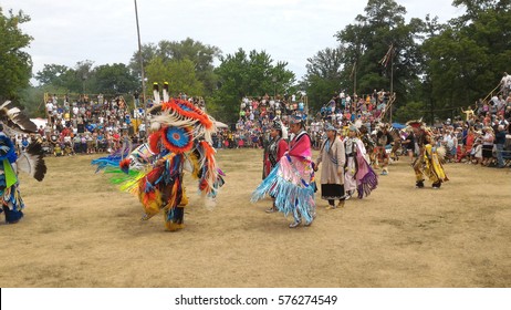 Ohsweken, Ontario, Canada - July 24, 2016 : Six Nations Of The Grand River Pow Wow.  Turtle Island. Powwow Gate Opening. The Grand Entry. Dancers Carry With Pride And Dignity. Mobile Photo.