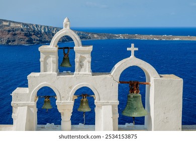 Oia, Santorini, church bells, Cycladic architecture, Aegean Sea, tradition, Greek Orthodox - Powered by Shutterstock