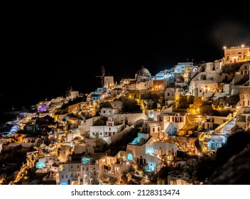 Oia Santorini, Greece At Night Aerial