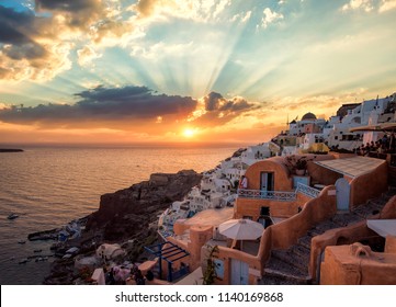 Oia In Santorini At Sunset