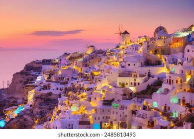 Oia village, Santorini, Greece. View of traditional houses in Santorini. Small narrow streets and rooftops of houses, churches and hotels. Landscape during sunset.  - Powered by Shutterstock