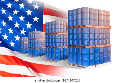 Oil barrels on the background of the USA flag. United States of America. Import of petroleum from America. Kotsnept - US crude oil sales. Oil industry in the United States. shale petroleum