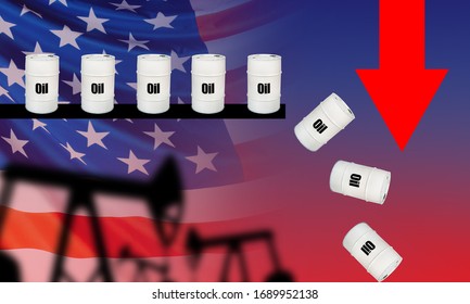 Oil Barrels On The Background Of The USA Flag. Fall In The Value Of American Oil. Concept - A Crisis In The Raw Materials Industry. Fall Of Stocks. Red Arrow Points Down. Decrease In Oil Revenues