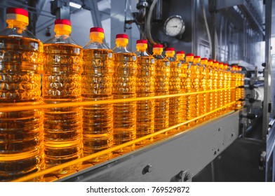 Oil in bottles. Industrial production of sunflower oil. Conveyor line for bottling and packing. Sunflower oil plant
