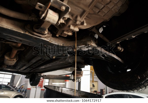 Oil change in automatic\
transmission. Filling the oil through the hose. Car maintenance\
station. 
