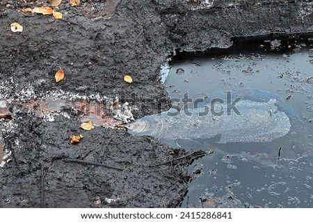 Oil contamination of the soil surface near oil wells. Environmental disaster.