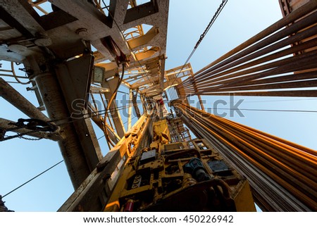 Oil derrick. View from the drilling floor.