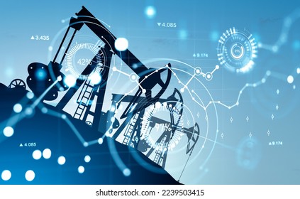 Oil derricks silhouette, double exposure with glowing digital big business data lines and analysis. Concept of mining and chart