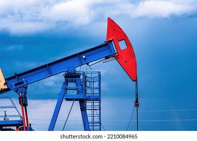 Oil Drilling Derrick Pumps Oil From Ground. Petroleum Industry, Crude Oil Extraction. Production Of Fuel From Natural Resources. Oil Crisis.