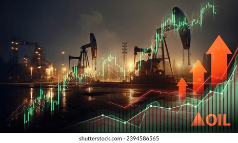 Oil drilling rigs at dusk with glowing financial graphs, symbolizing market performance - Powered by Shutterstock