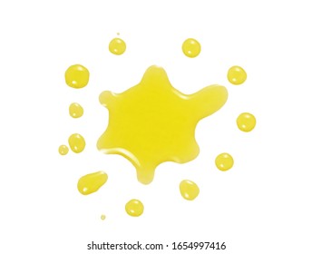 Oil Drop Splatter Isolated On White Background. Cosmetic Essential Oil Or Food Ingredient Yellow Liquid Sample Macro Top View