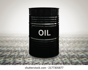Oil drums on US dollars background. a black barrel with the inscription oil is worth dollars. The concept of earning money on the sale of oil. - Shutterstock ID 2177305877
