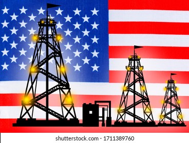 Oil fields in the USA. Drilling rigs on the background of the flag of America. US oil and gas industry. Concept - United States Oil Extraction Companies. Concept - West Texas Intermediate. WTI. - Shutterstock ID 1711389760