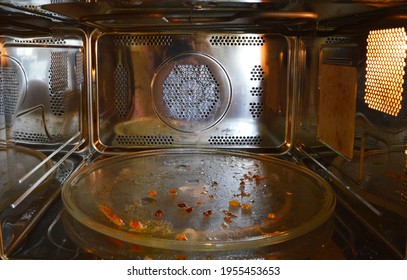 Oil And Foods Residue On Glass Turntable Inside A Dirty Microwave